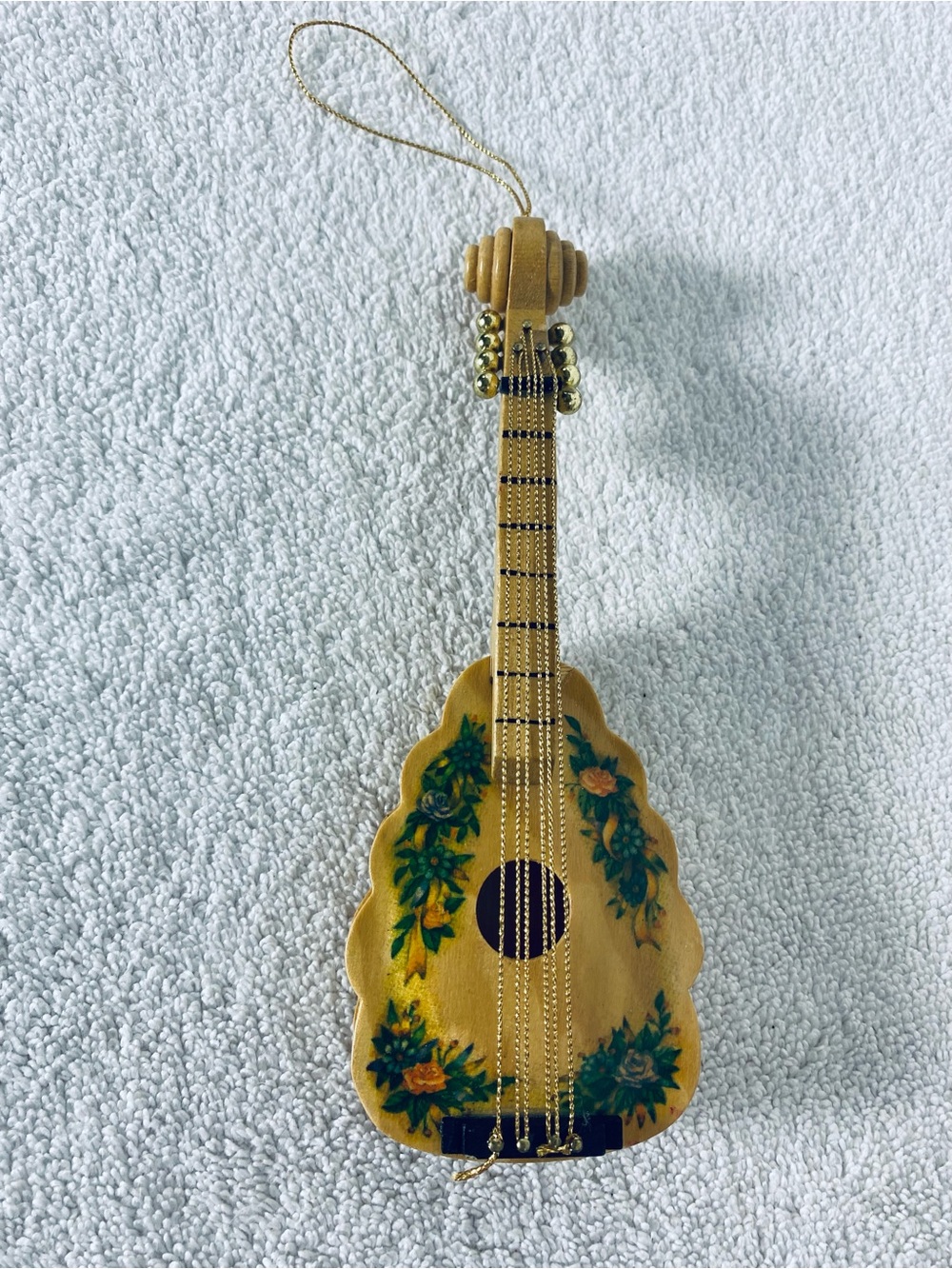 Vintage Wooden Mandolin Christmas Ornament Hand Painted Floral Instrument